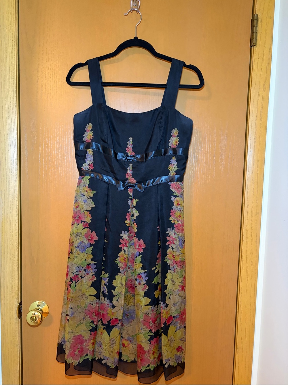 Anna Sui Black Floral Midi Dress with Pink and Yellow Blooms